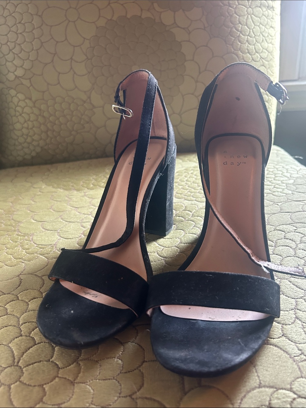 a new day Black Suede Block Heel Sandals with Ankle Strap